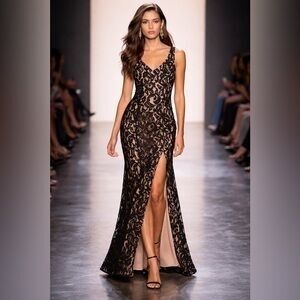 BCBGMAXAZRIA BLACK LACE DREES LONG GOWN Mermaid Train Front Slit 6